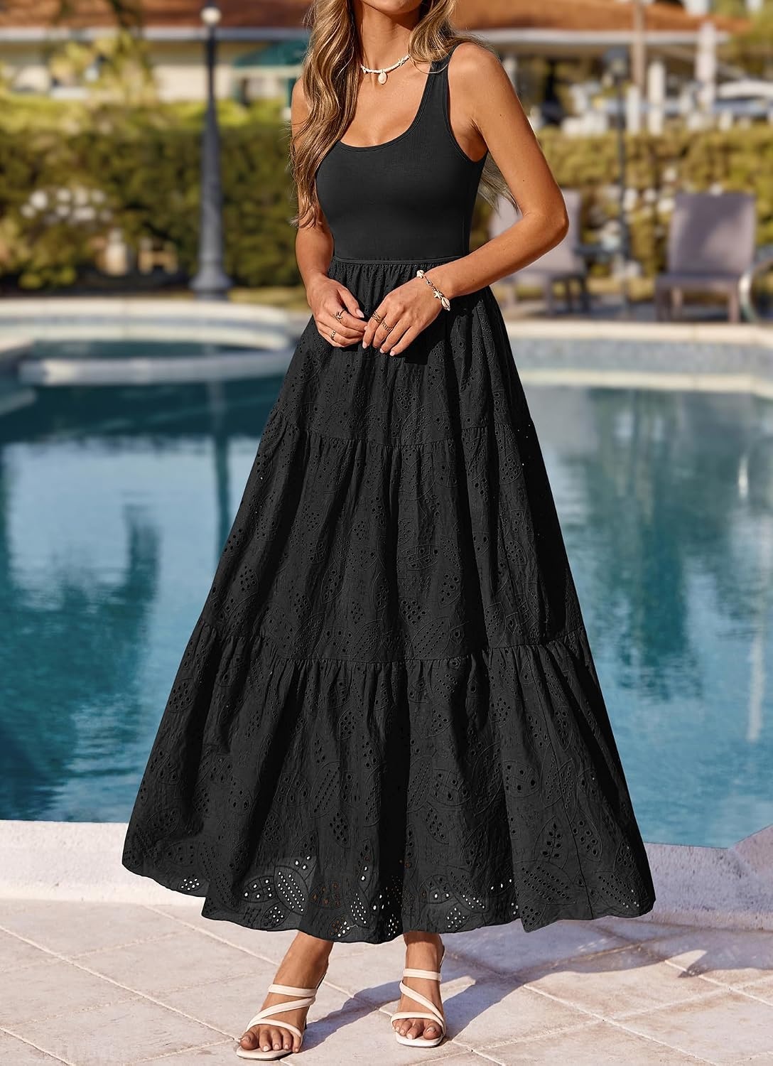 image:imageBTFBM Summer Eyelet Dress for Women Sundresses Casual Boho Sleeveless A Line Flowy 2026 Spring Outfits Midi DressesBlack