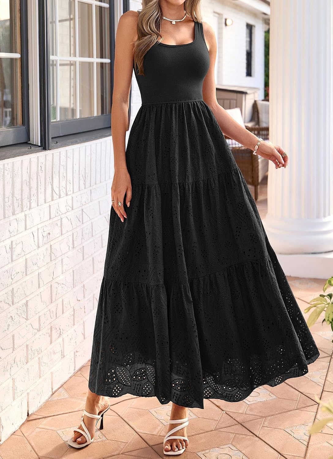 image:imageBTFBM Summer Eyelet Dress for Women Sundresses Casual Boho Sleeveless A Line Flowy 2026 Spring Outfits Midi DressesBlack