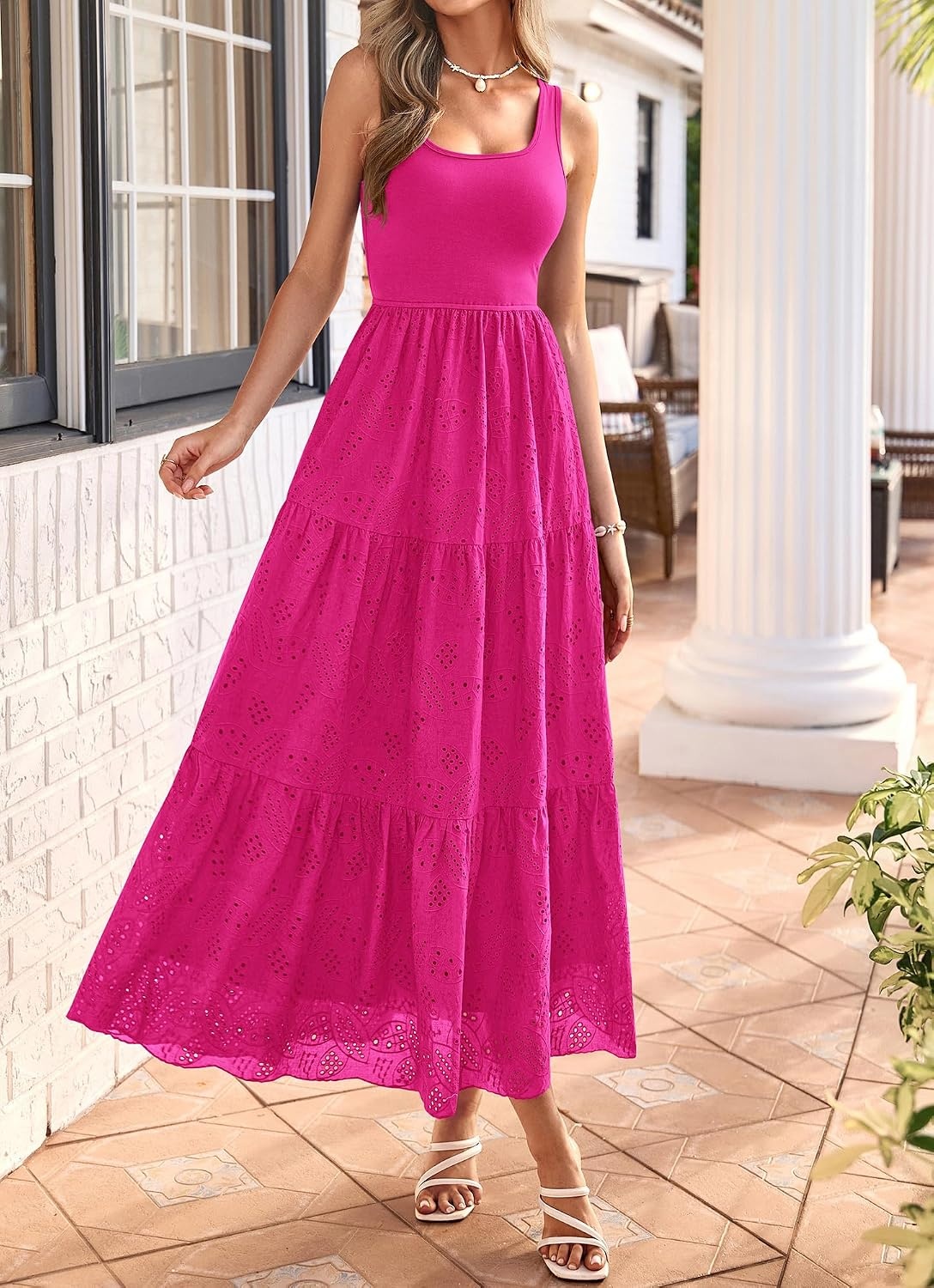 image:imageBTFBM Summer Eyelet Dress for Women Sundresses Casual Boho Sleeveless A Line Flowy 2026 Spring Outfits Midi DressesHot Pink