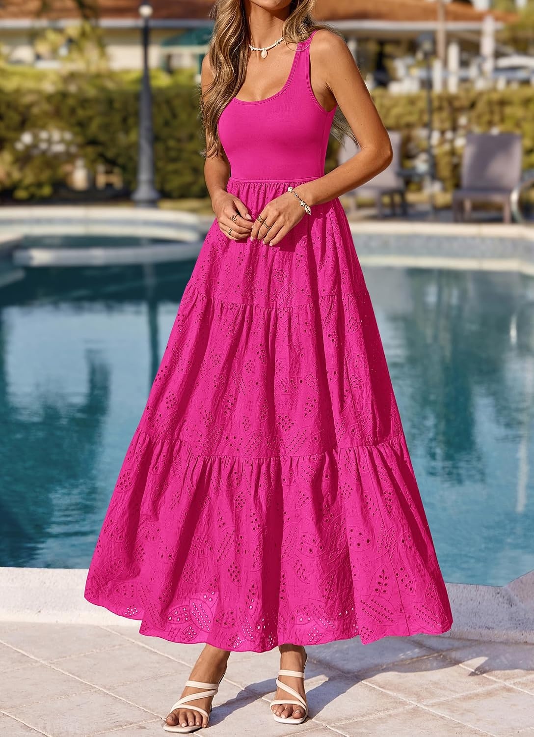 image:imageBTFBM Summer Eyelet Dress for Women Sundresses Casual Boho Sleeveless A Line Flowy 2026 Spring Outfits Midi DressesHot Pink