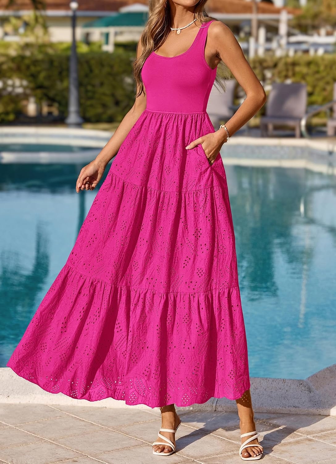 image:imageBTFBM Summer Eyelet Dress for Women Sundresses Casual Boho Sleeveless A Line Flowy 2026 Spring Outfits Midi DressesHot Pink
