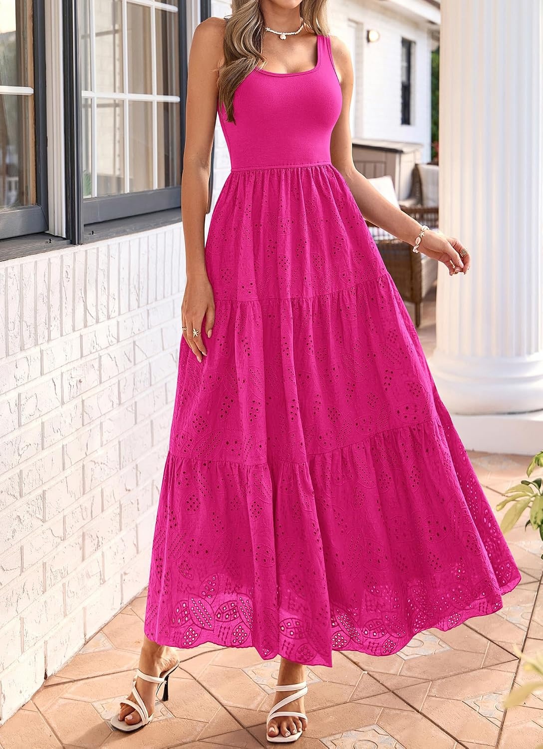 image:imageBTFBM Summer Eyelet Dress for Women Sundresses Casual Boho Sleeveless A Line Flowy 2026 Spring Outfits Midi DressesHot Pink