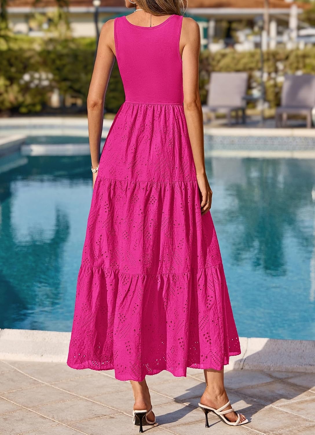 image:imageBTFBM Summer Eyelet Dress for Women Sundresses Casual Boho Sleeveless A Line Flowy 2026 Spring Outfits Midi DressesHot Pink