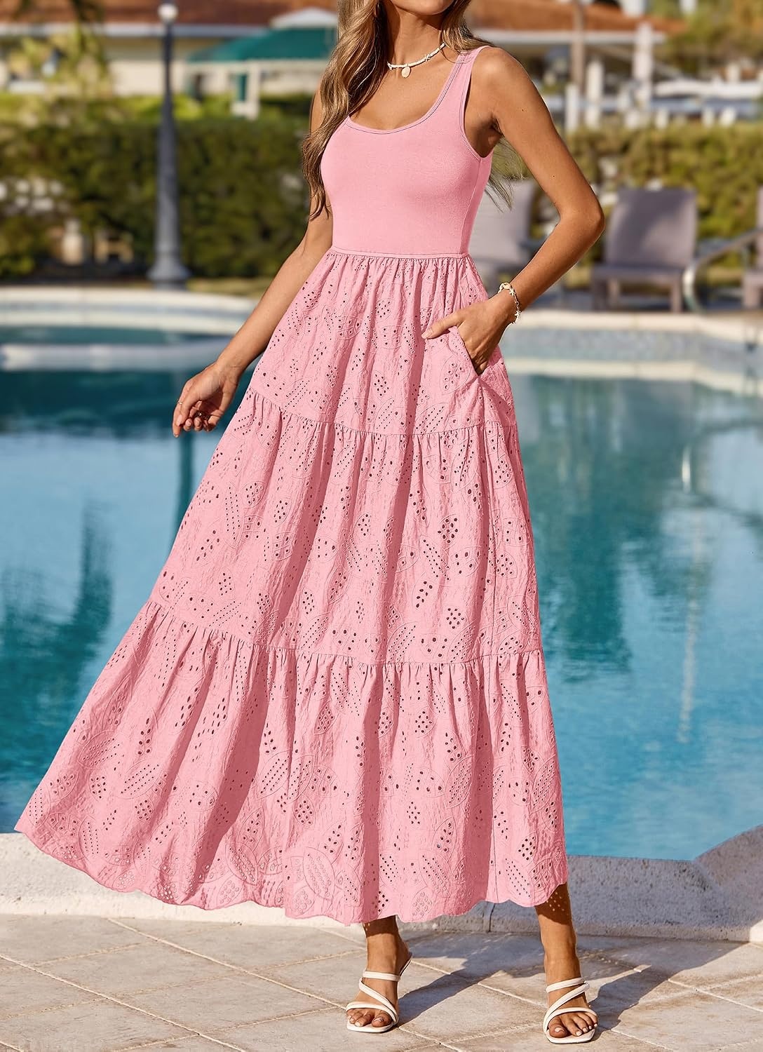 image:imageBTFBM Summer Eyelet Dress for Women Sundresses Casual Boho Sleeveless A Line Flowy 2026 Spring Outfits Midi DressesPink