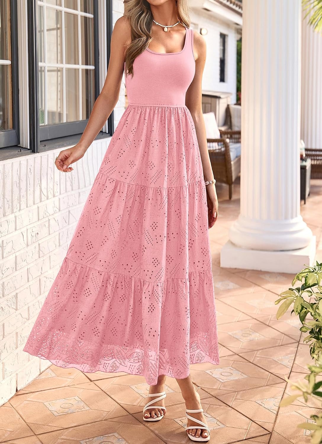 image:imageBTFBM Summer Eyelet Dress for Women Sundresses Casual Boho Sleeveless A Line Flowy 2026 Spring Outfits Midi DressesPink