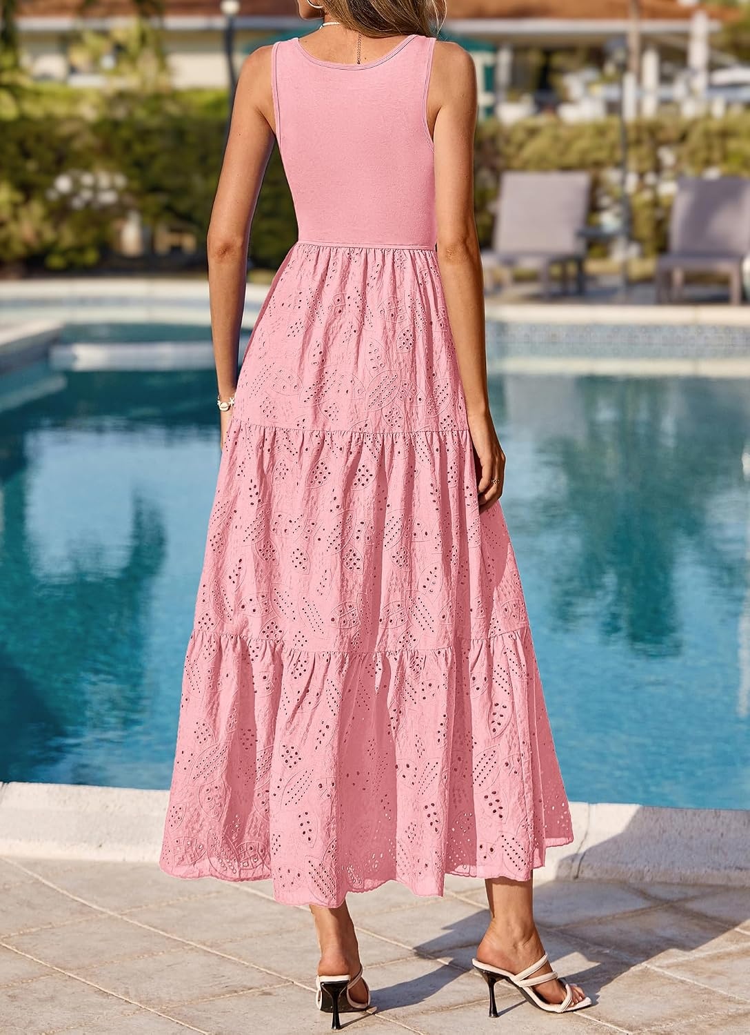 image:imageBTFBM Summer Eyelet Dress for Women Sundresses Casual Boho Sleeveless A Line Flowy 2026 Spring Outfits Midi DressesPink