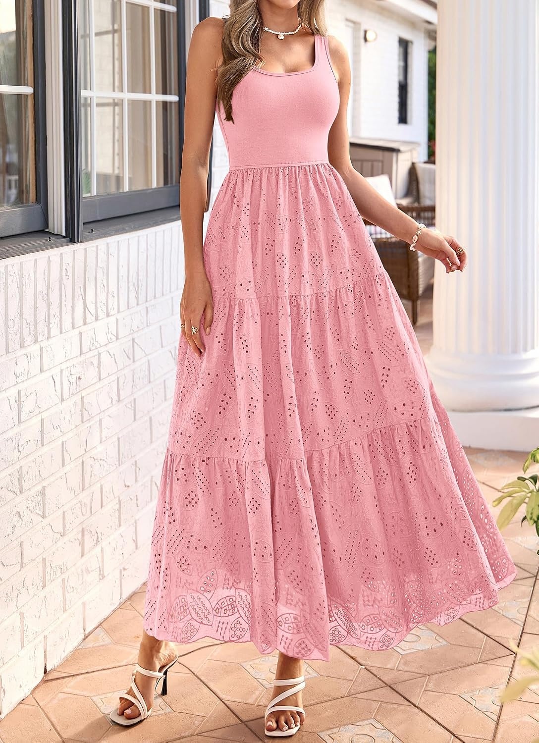image:imageBTFBM Summer Eyelet Dress for Women Sundresses Casual Boho Sleeveless A Line Flowy 2026 Spring Outfits Midi DressesPink