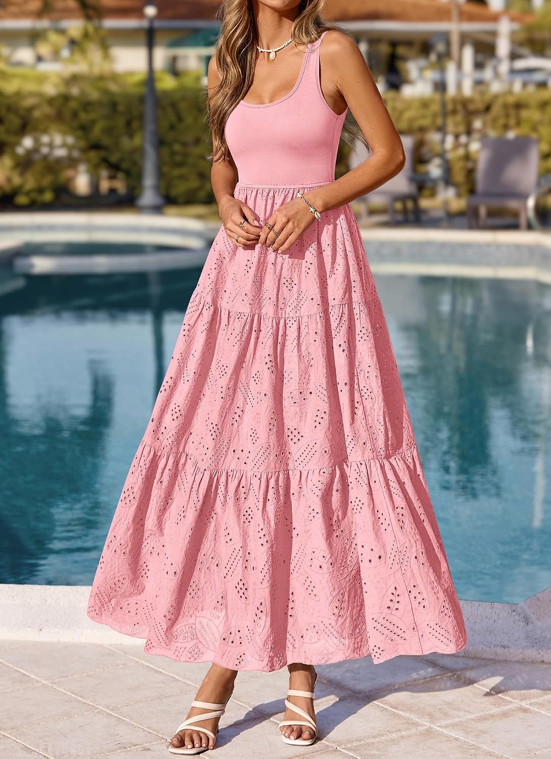 image:imageBTFBM Summer Eyelet Dress for Women Sundresses Casual Boho Sleeveless A Line Flowy 2026 Spring Outfits Midi DressesPink