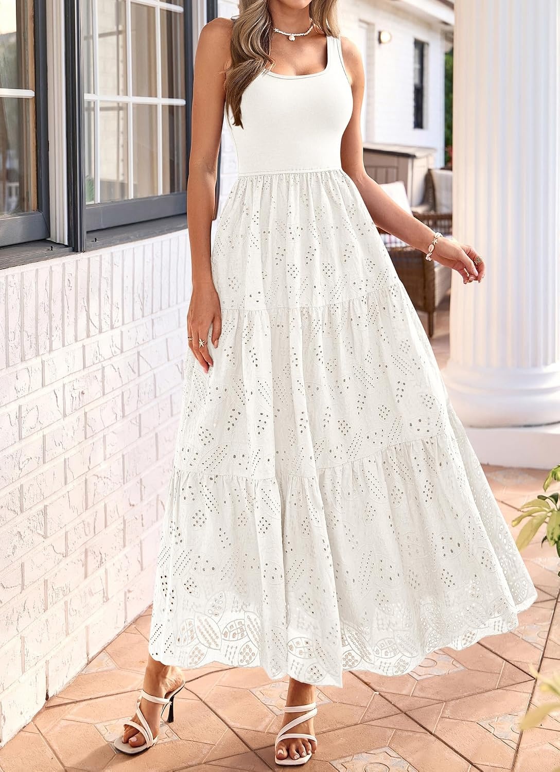 image:imageBTFBM Summer Eyelet Dress for Women Sundresses Casual Boho Sleeveless A Line Flowy 2026 Spring Outfits Midi DressesWhite