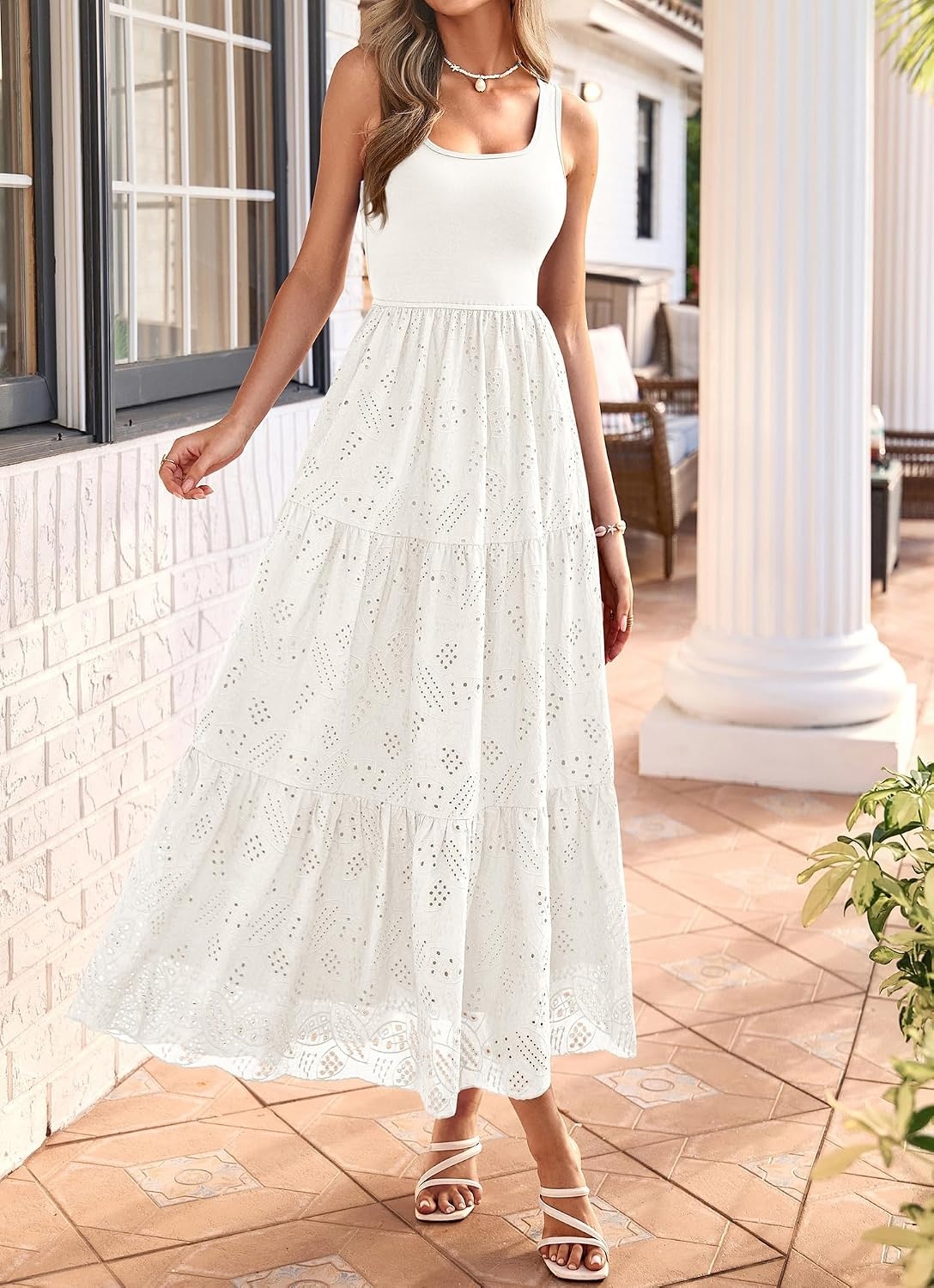 image:imageBTFBM Summer Eyelet Dress for Women Sundresses Casual Boho Sleeveless A Line Flowy 2026 Spring Outfits Midi DressesWhite