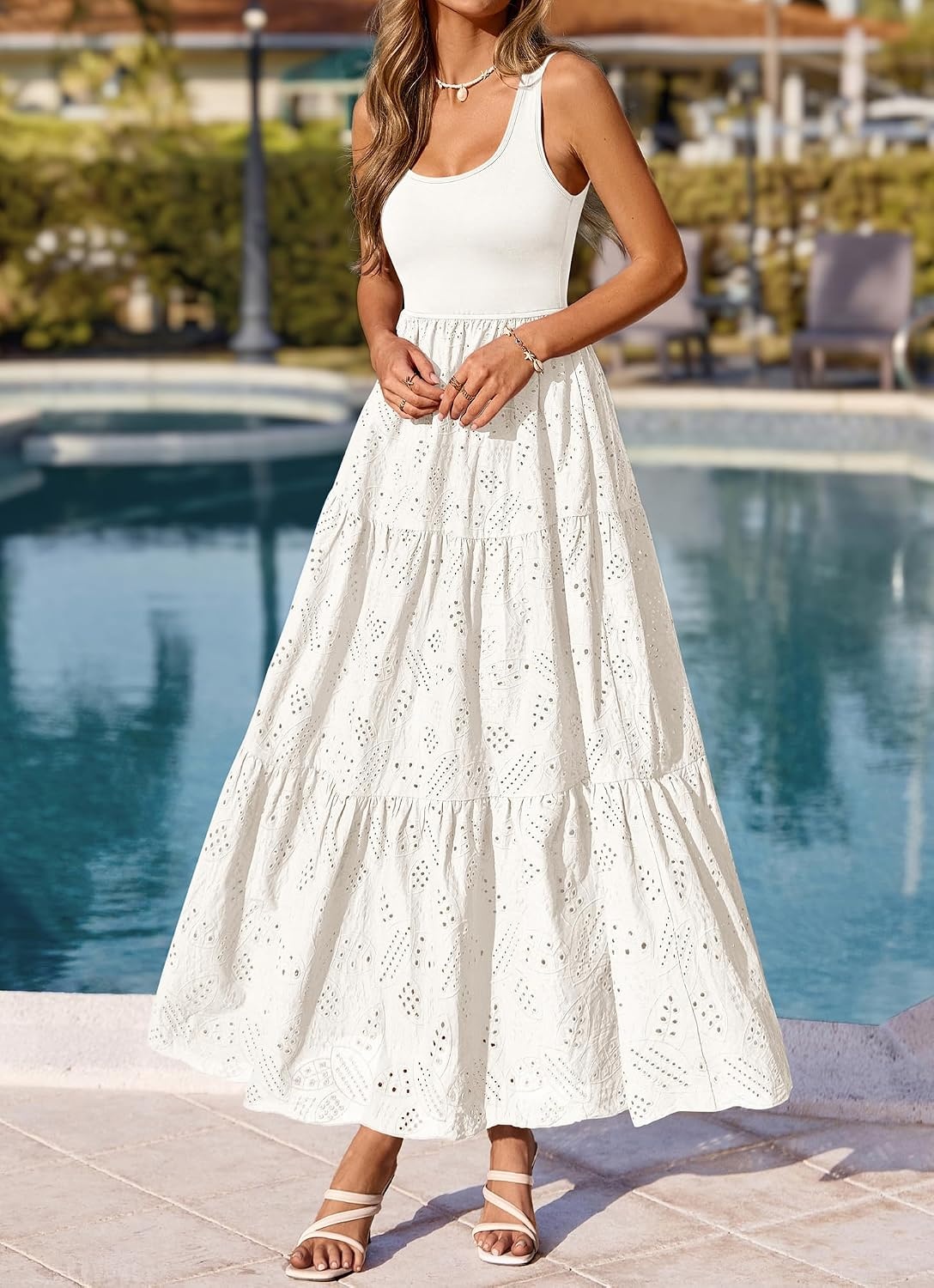 image:imageBTFBM Summer Eyelet Dress for Women Sundresses Casual Boho Sleeveless A Line Flowy 2026 Spring Outfits Midi DressesWhite