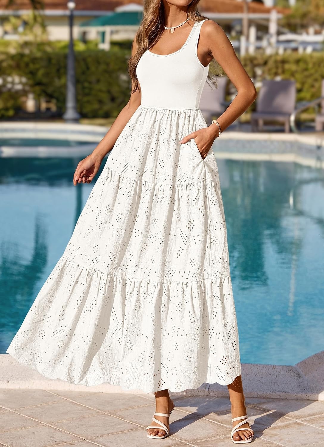 image:imageBTFBM Summer Eyelet Dress for Women Sundresses Casual Boho Sleeveless A Line Flowy 2026 Spring Outfits Midi DressesWhite