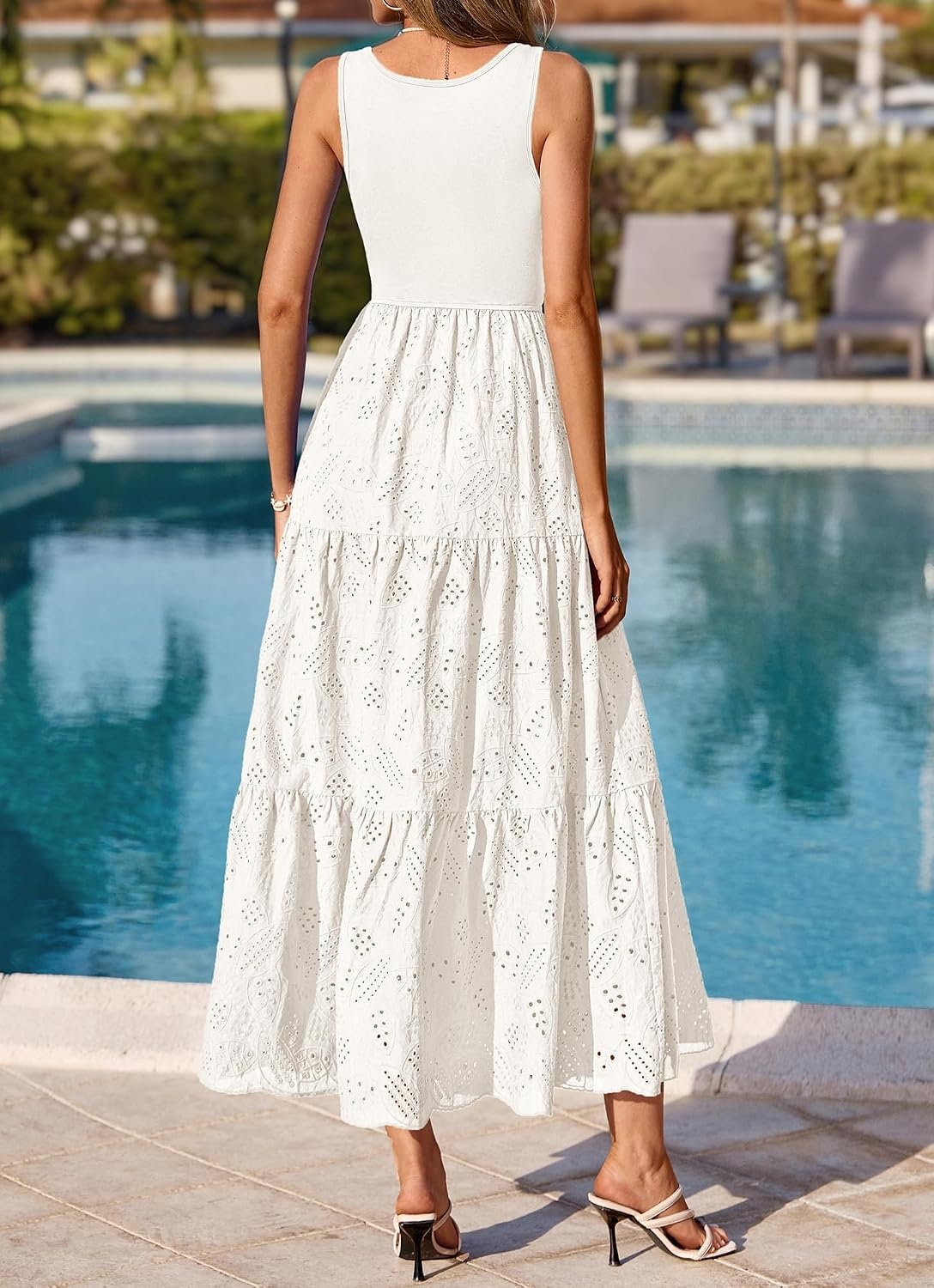 image:imageBTFBM Summer Eyelet Dress for Women Sundresses Casual Boho Sleeveless A Line Flowy 2026 Spring Outfits Midi DressesWhite
