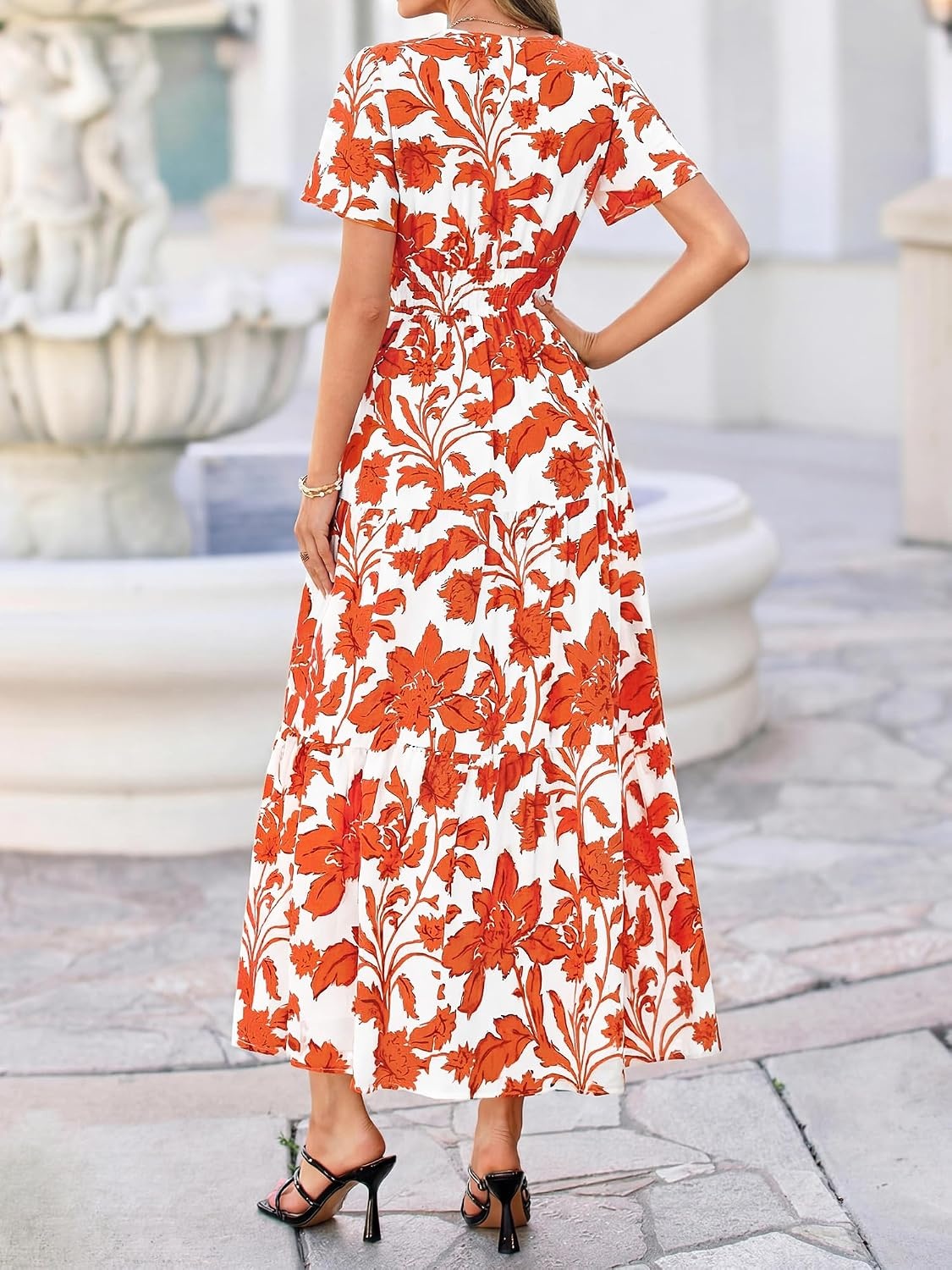image:imageBTFBM Summer Maxi Dresses for Women 2026 Floral V Neck Short Sleeve DressFloral Brick Red
