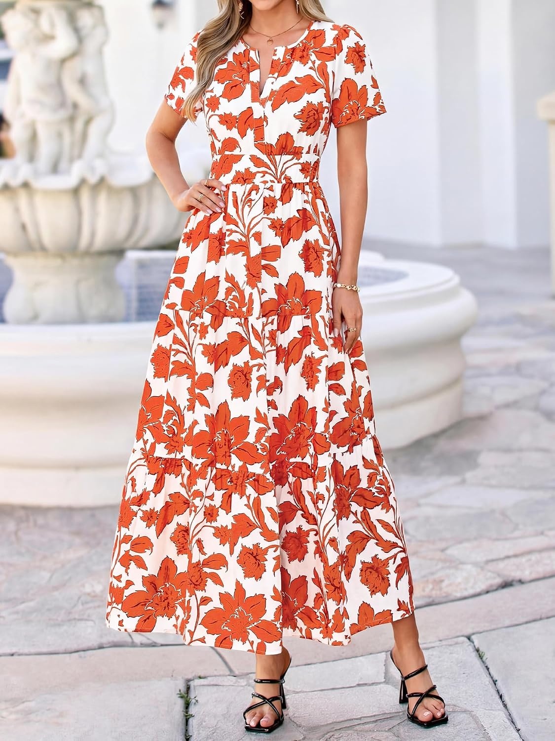 image:imageBTFBM Summer Maxi Dresses for Women 2026 Floral V Neck Short Sleeve DressFloral Brick Red