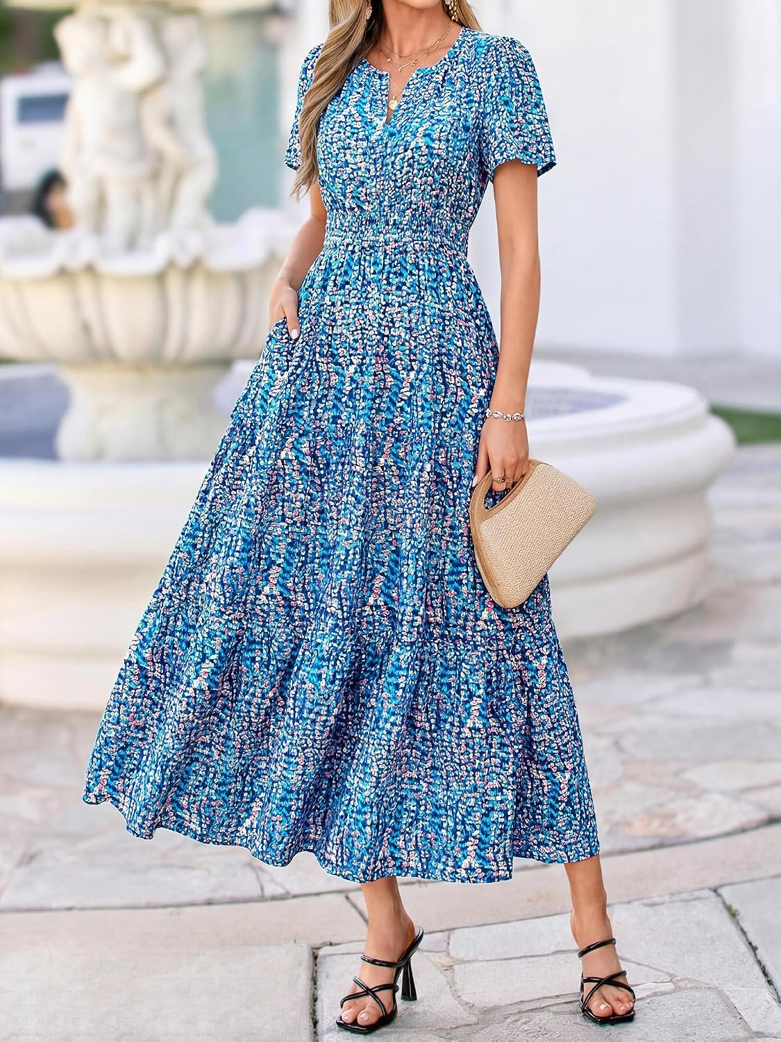 image:imageBTFBM Summer Maxi Dresses for Women 2026 Floral V Neck Short Sleeve DressFloral Dark Blue