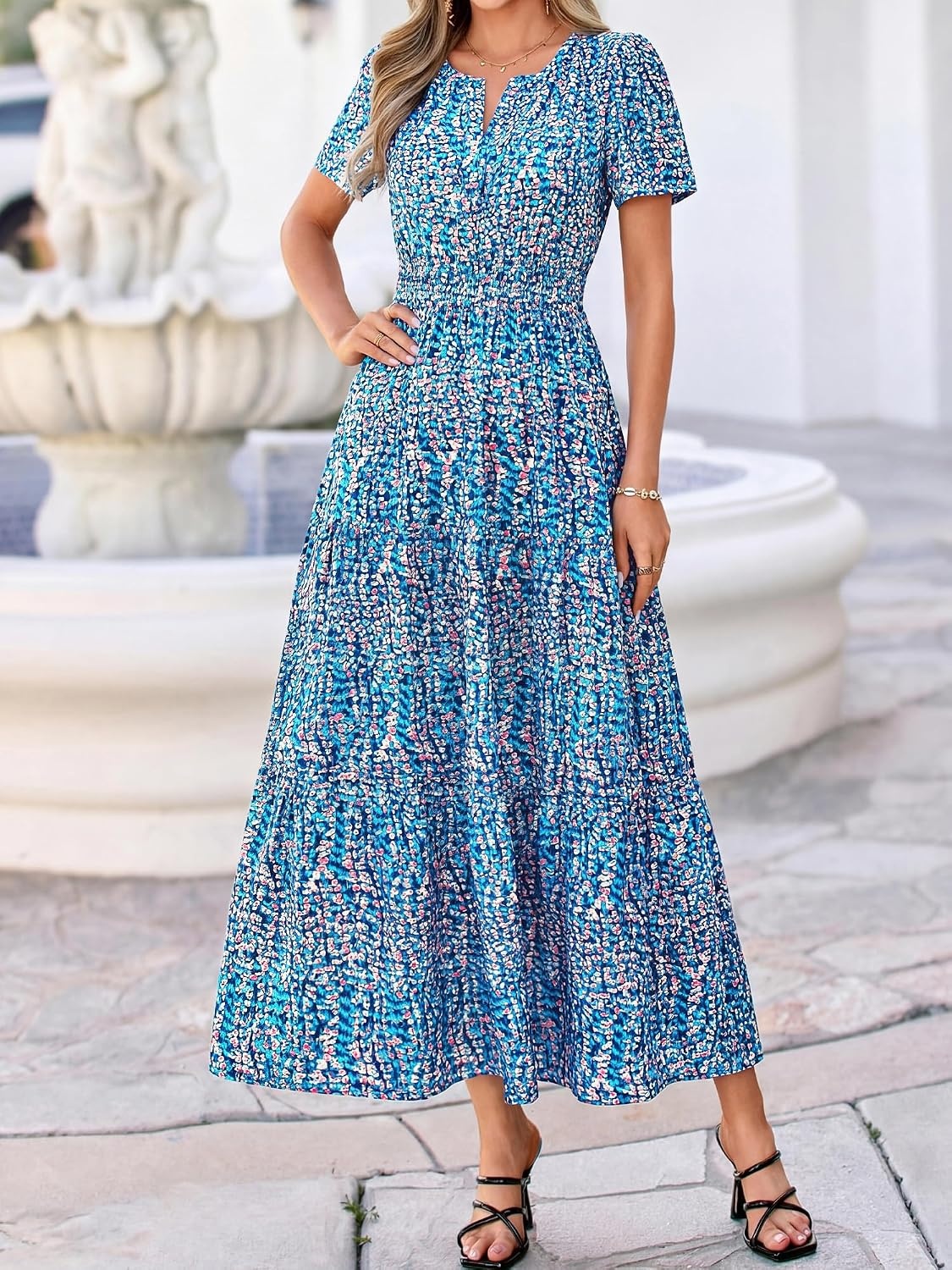 image:imageBTFBM Summer Maxi Dresses for Women 2026 Floral V Neck Short Sleeve DressFloral Dark Blue