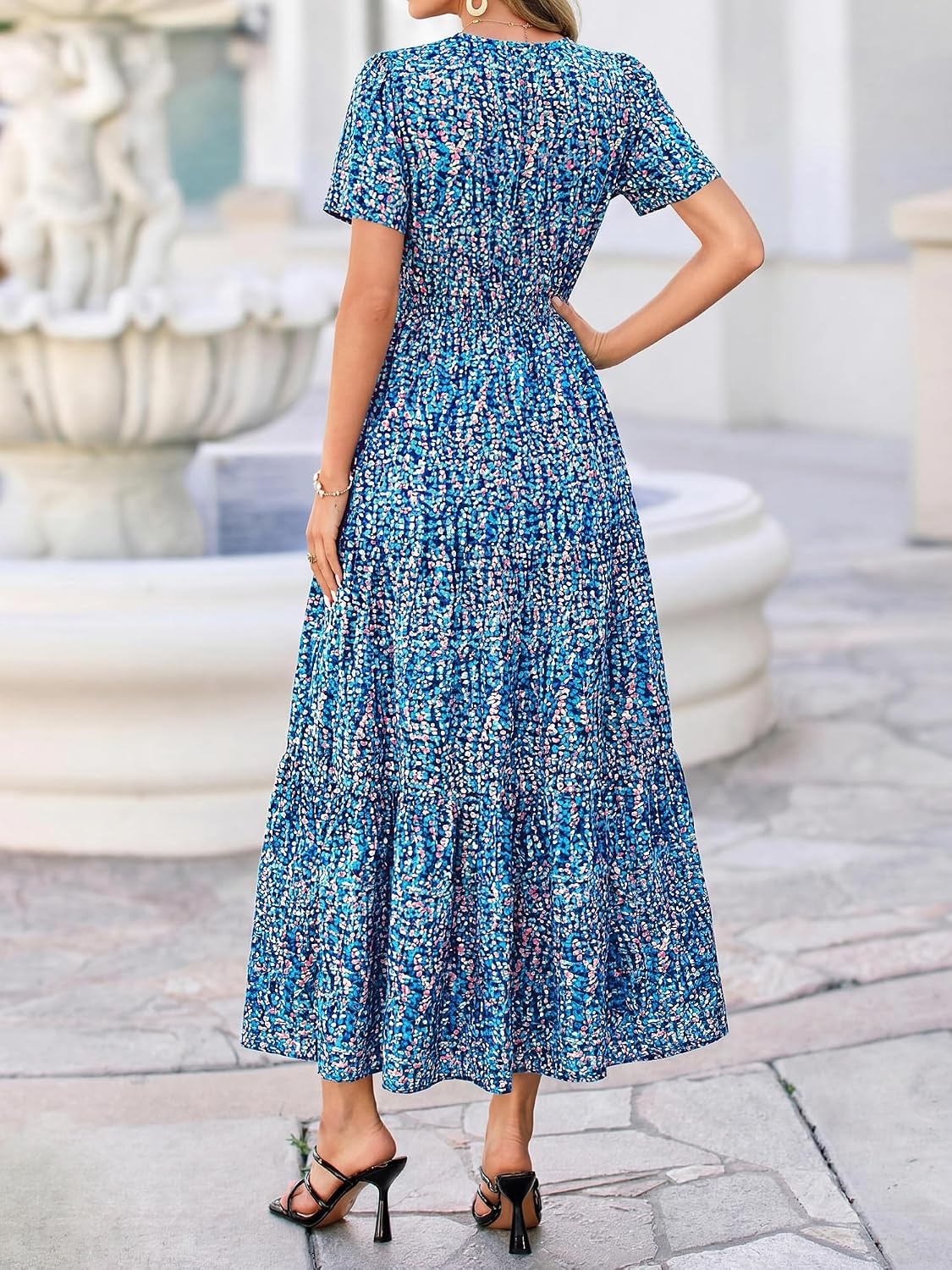 image:imageBTFBM Summer Maxi Dresses for Women 2026 Floral V Neck Short Sleeve DressFloral Dark Blue