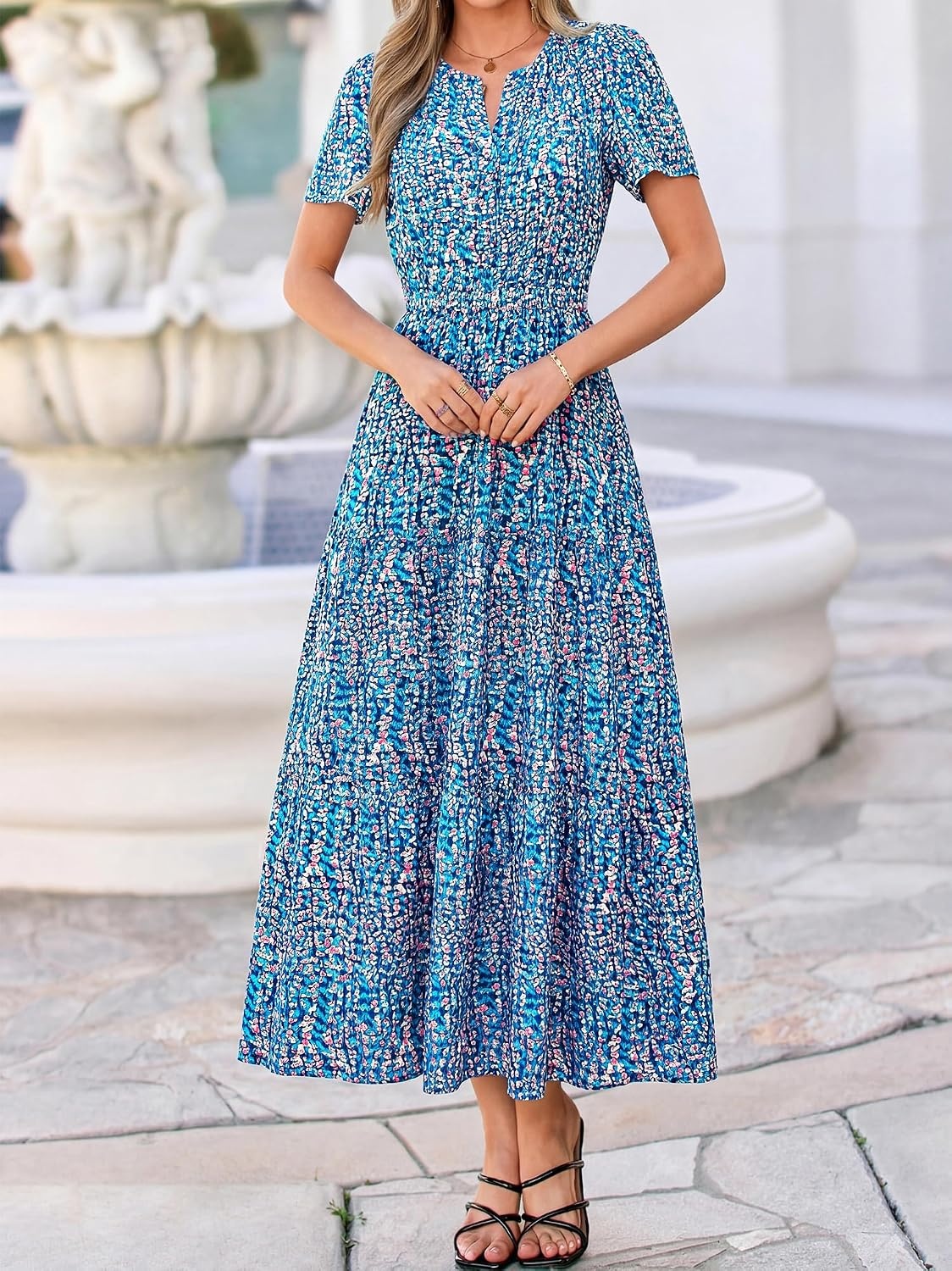 image:imageBTFBM Summer Maxi Dresses for Women 2026 Floral V Neck Short Sleeve DressFloral Dark Blue