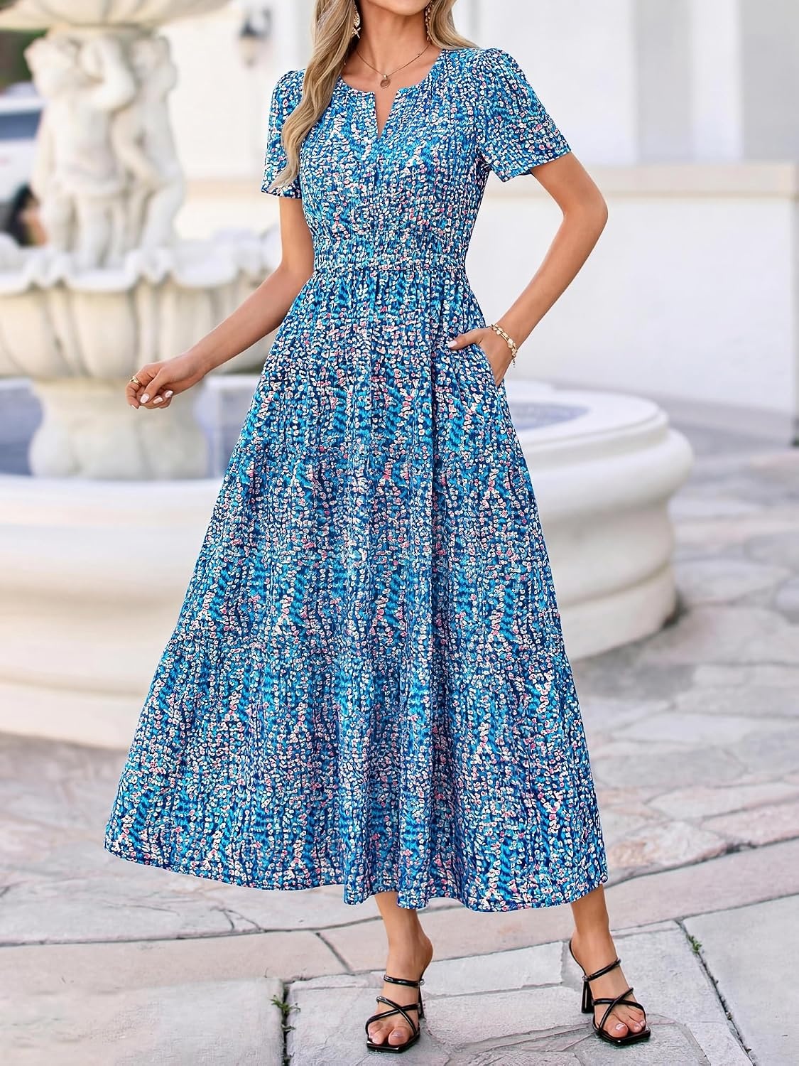 image:imageBTFBM Summer Maxi Dresses for Women 2026 Floral V Neck Short Sleeve DressFloral Dark Blue
