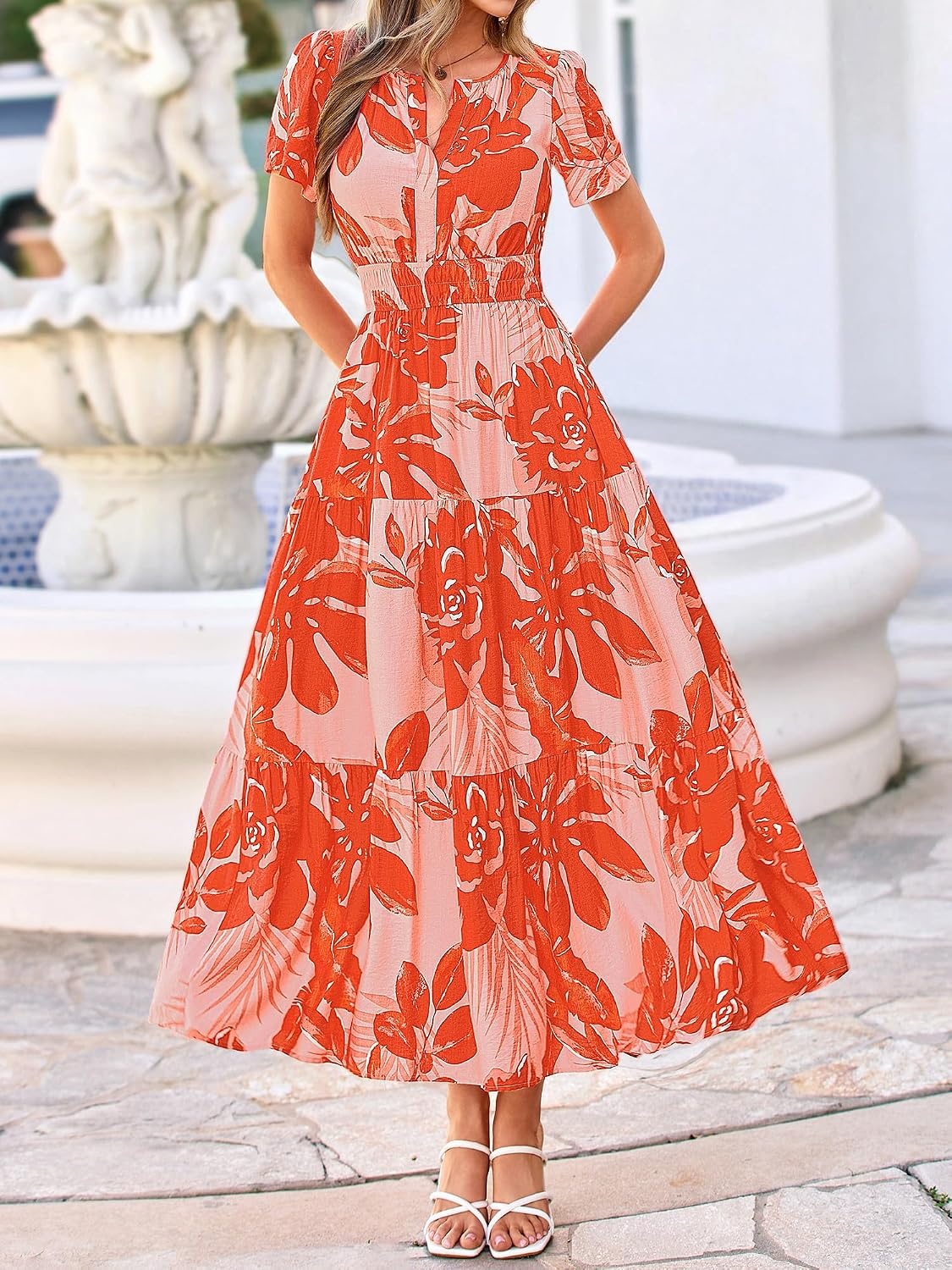 image:imageBTFBM Summer Maxi Dresses for Women 2026 Floral V Neck Short Sleeve DressFloral Light Orange Red