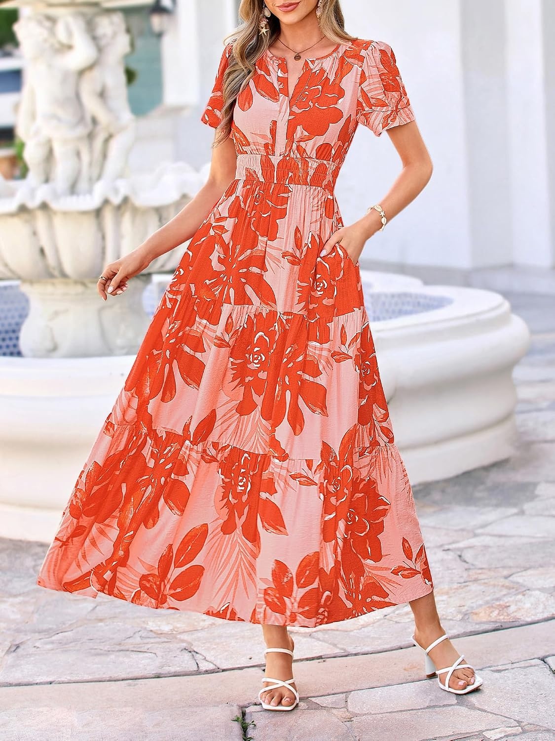 image:imageBTFBM Summer Maxi Dresses for Women 2026 Floral V Neck Short Sleeve DressFloral Light Orange Red