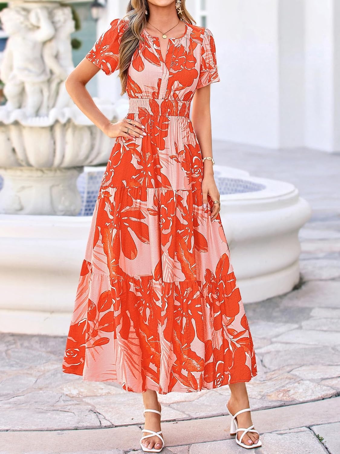 image:imageBTFBM Summer Maxi Dresses for Women 2026 Floral V Neck Short Sleeve DressFloral Light Orange Red