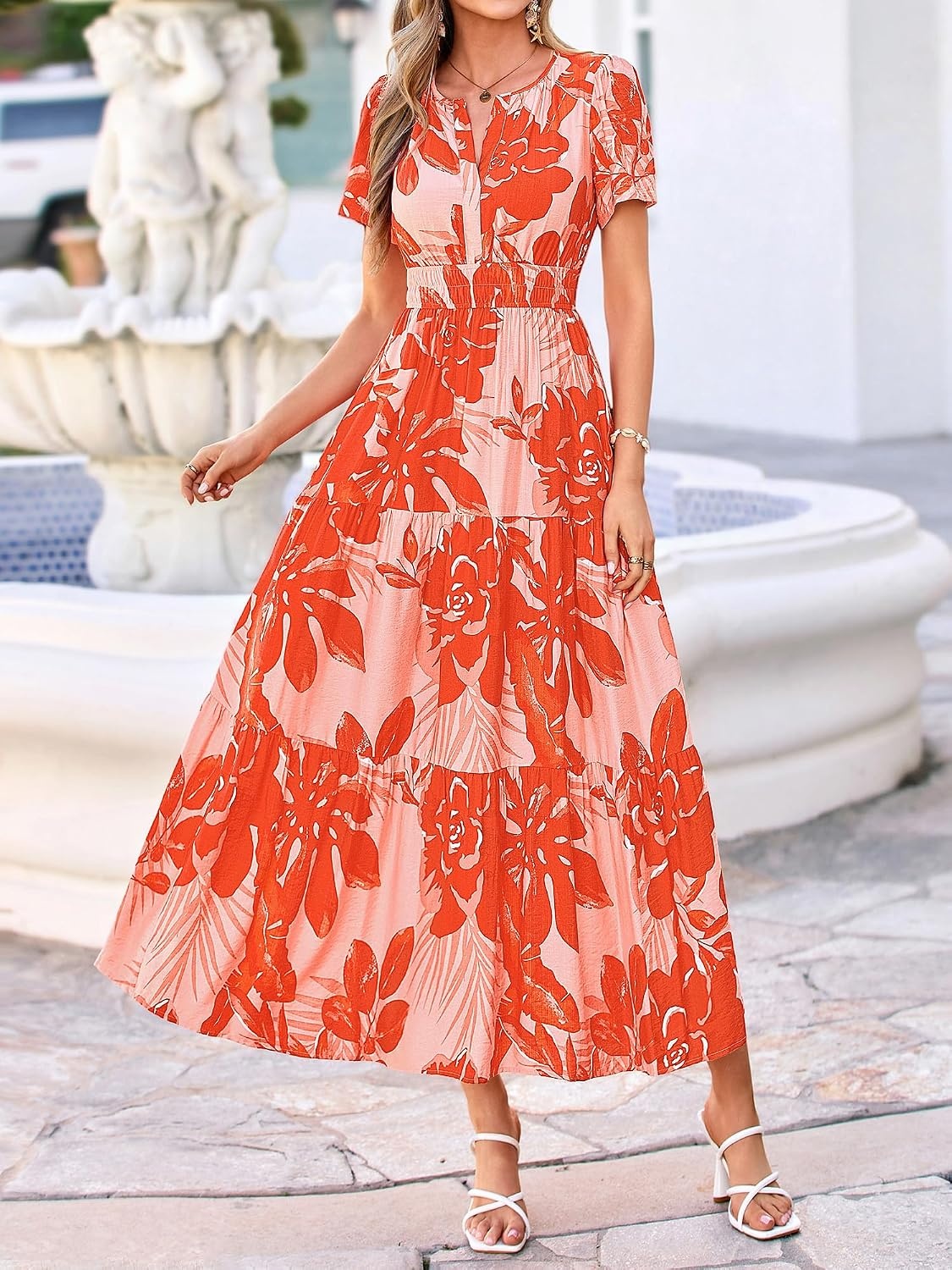 image:imageBTFBM Summer Maxi Dresses for Women 2026 Floral V Neck Short Sleeve DressFloral Light Orange Red