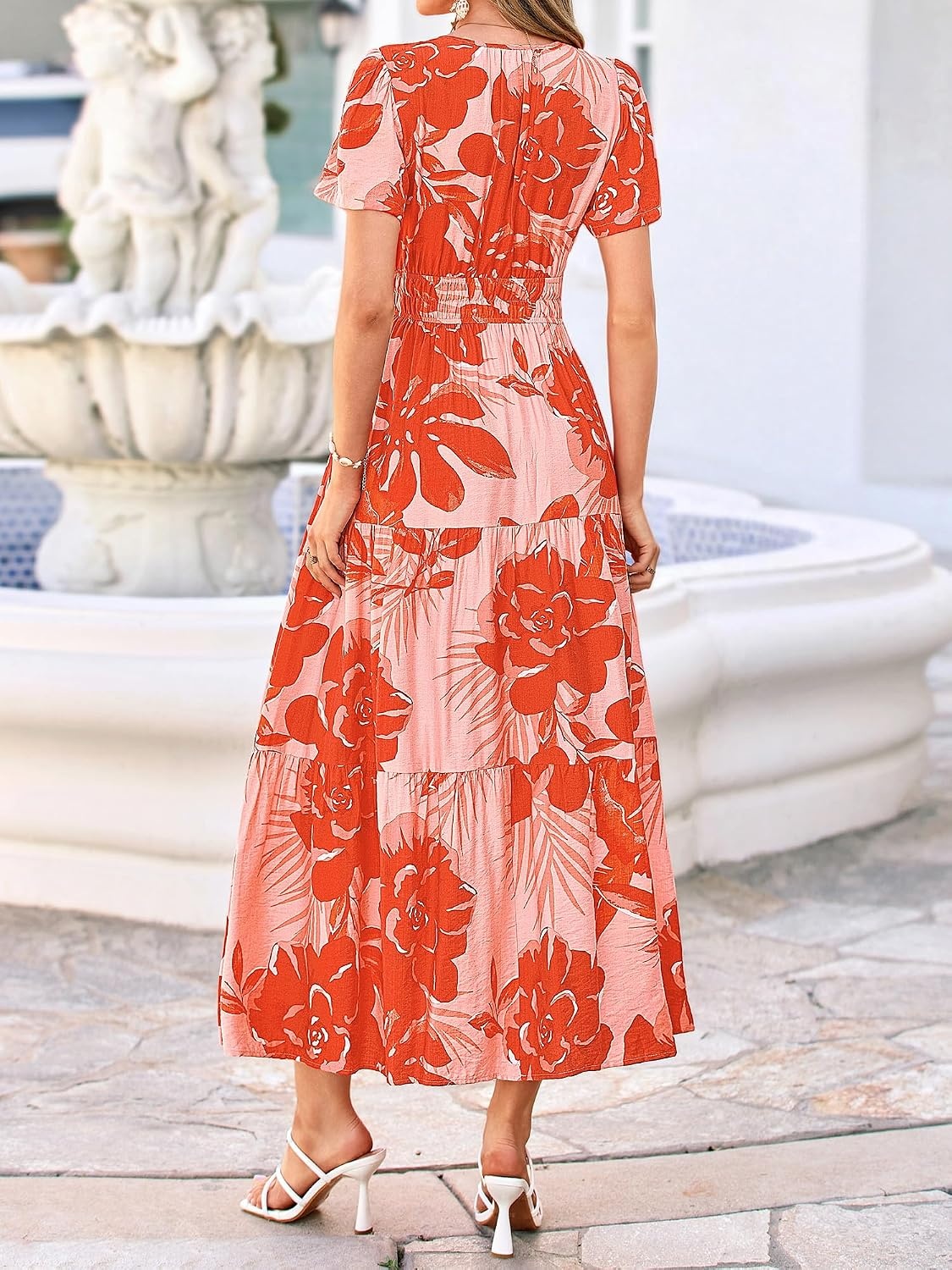 image:imageBTFBM Summer Maxi Dresses for Women 2026 Floral V Neck Short Sleeve DressFloral Light Orange Red