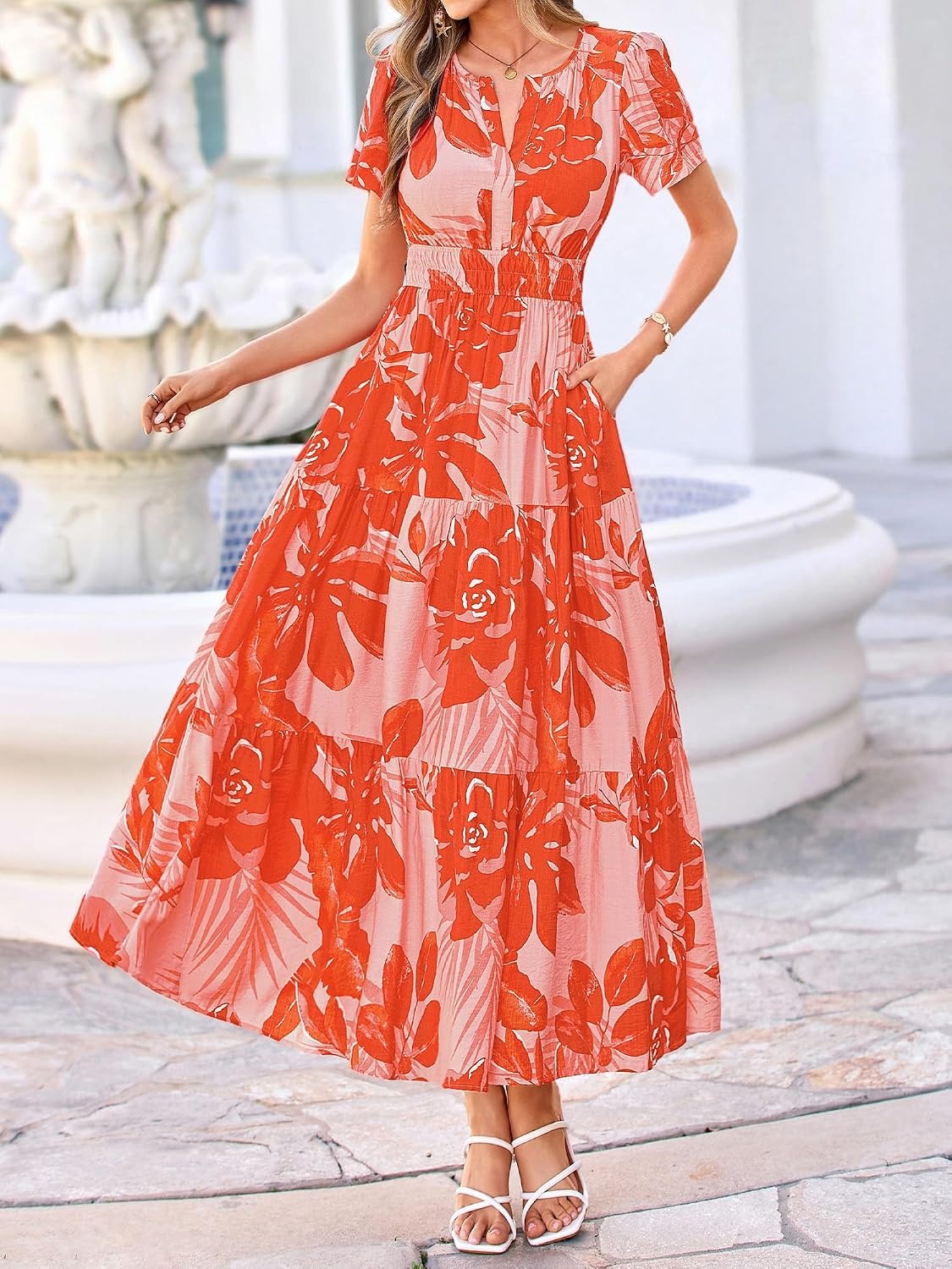 image:imageBTFBM Summer Maxi Dresses for Women 2026 Floral V Neck Short Sleeve DressFloral Light Orange Red