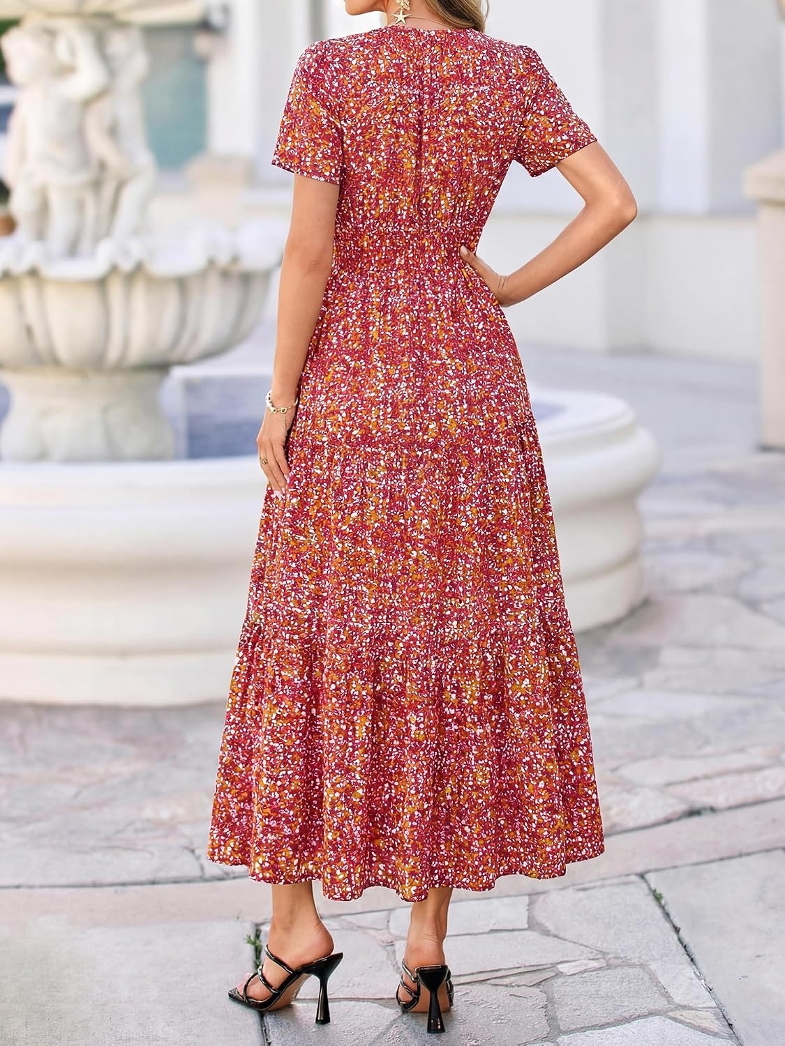 image:imageBTFBM Summer Maxi Dresses for Women 2026 Floral V Neck Short Sleeve DressFloral Orange Red
