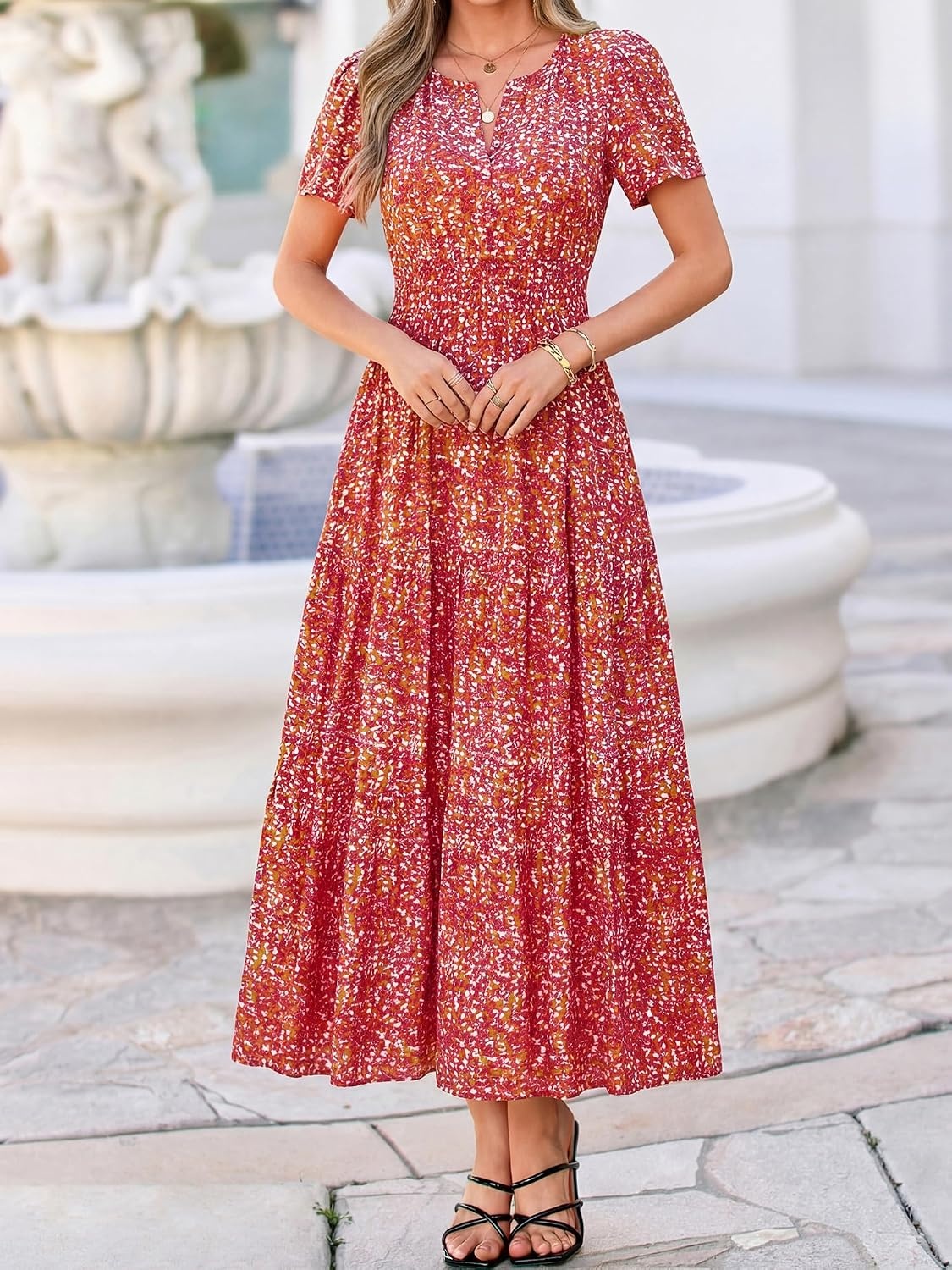 image:imageBTFBM Summer Maxi Dresses for Women 2026 Floral V Neck Short Sleeve DressFloral Orange Red