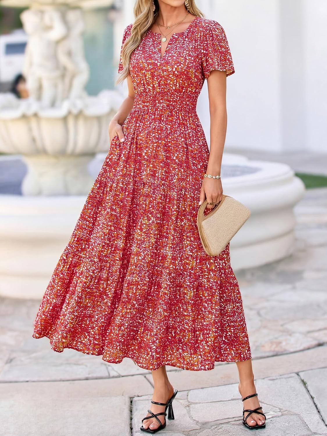 image:imageBTFBM Summer Maxi Dresses for Women 2026 Floral V Neck Short Sleeve DressFloral Orange Red