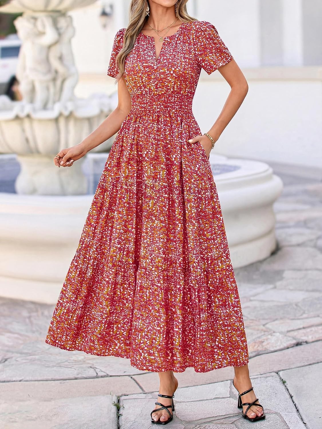 image:imageBTFBM Summer Maxi Dresses for Women 2026 Floral V Neck Short Sleeve DressFloral Orange Red