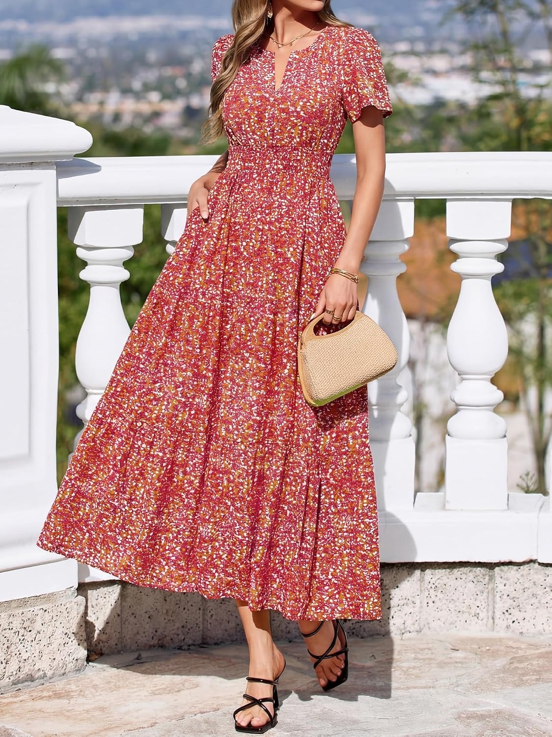image:imageBTFBM Summer Maxi Dresses for Women 2026 Floral V Neck Short Sleeve DressFloral Orange Red
