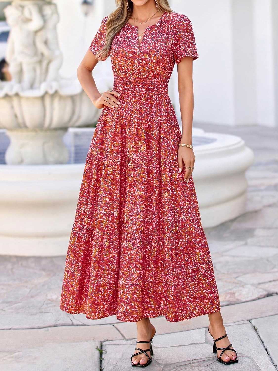 image:imageBTFBM Summer Maxi Dresses for Women 2026 Floral V Neck Short Sleeve DressFloral Orange Red