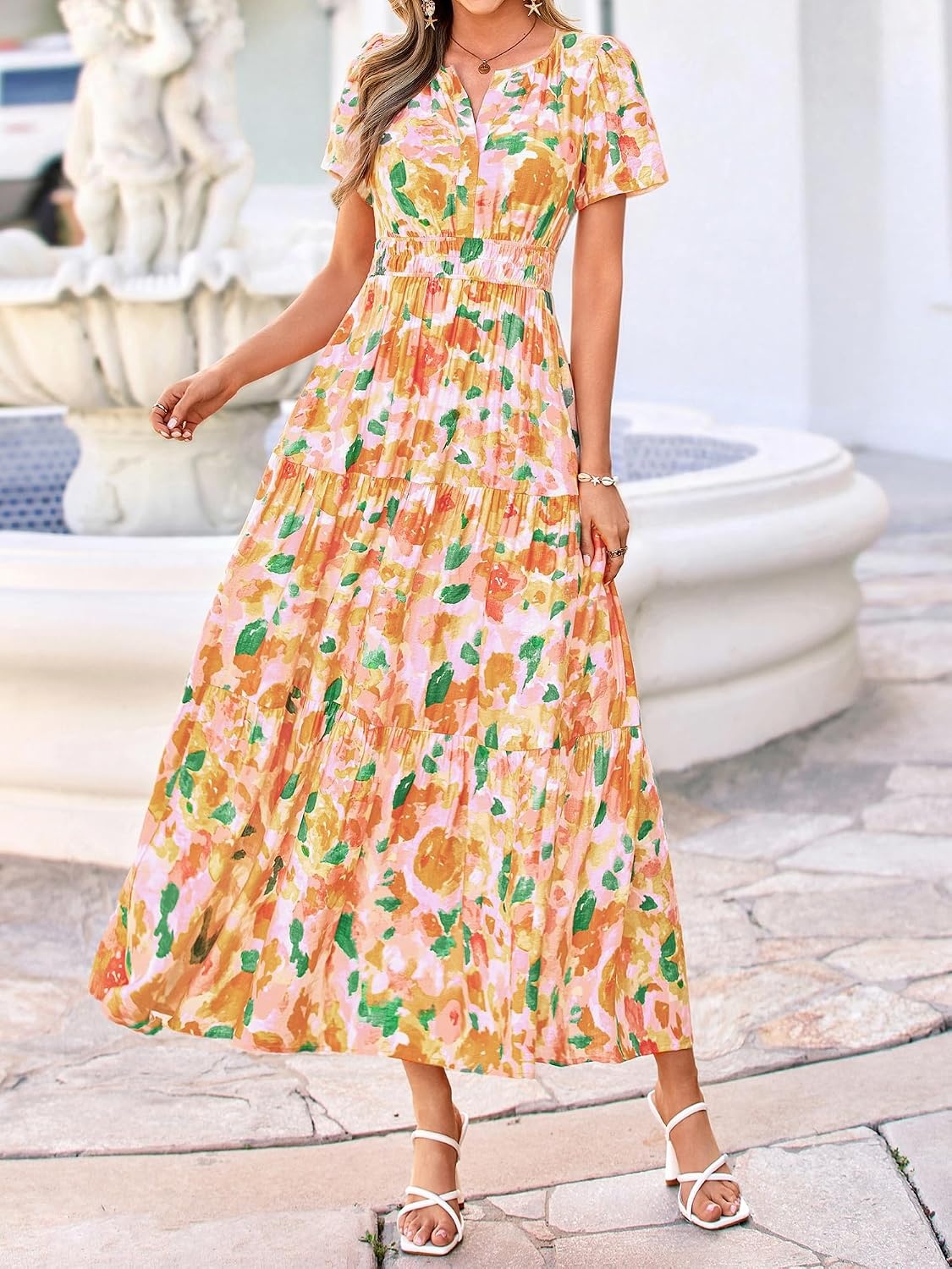 image:imageBTFBM Summer Maxi Dresses for Women 2026 Floral V Neck Short Sleeve DressFloral Orange Yellow
