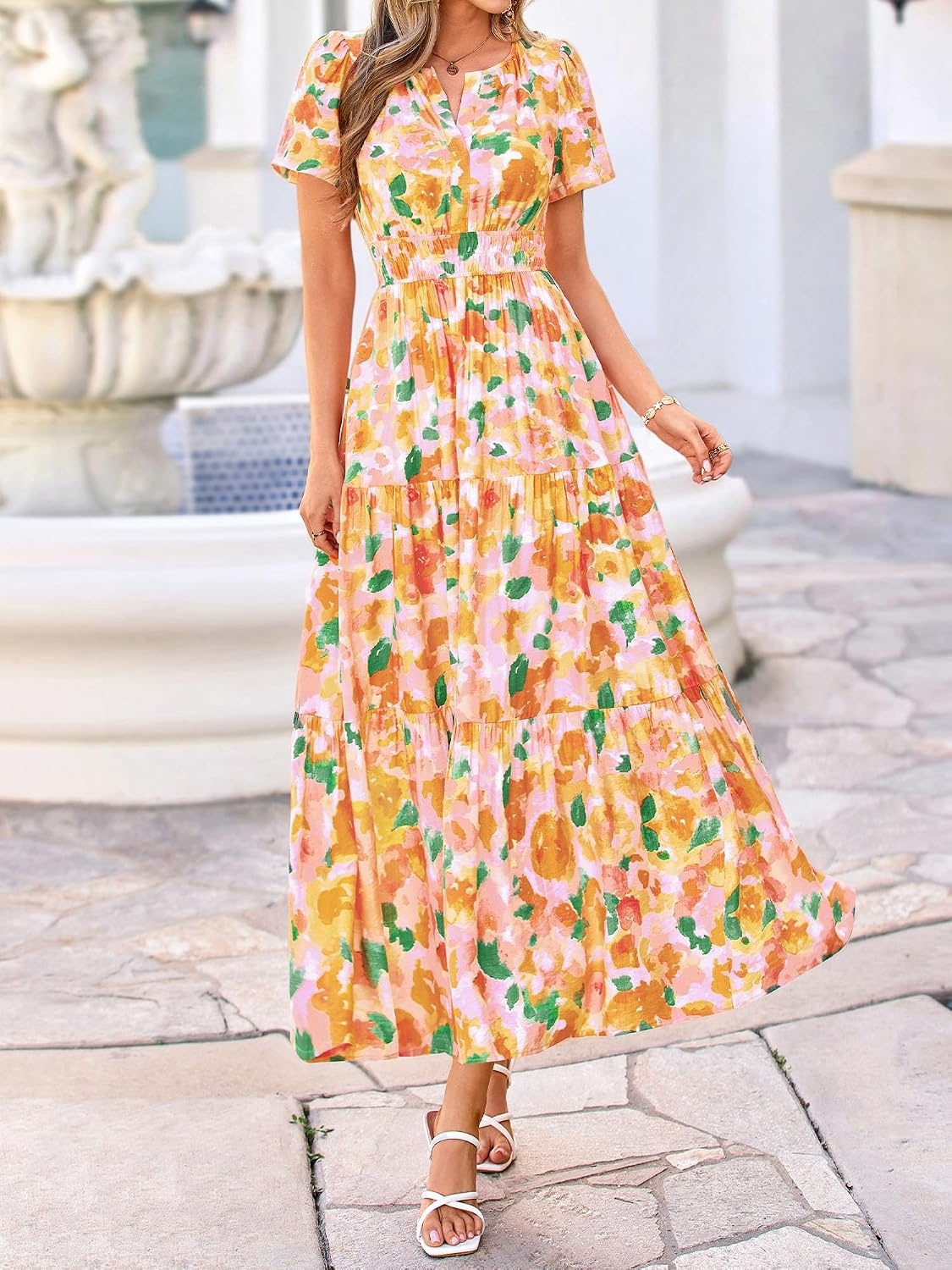 image:imageBTFBM Summer Maxi Dresses for Women 2026 Floral V Neck Short Sleeve DressFloral Orange Yellow