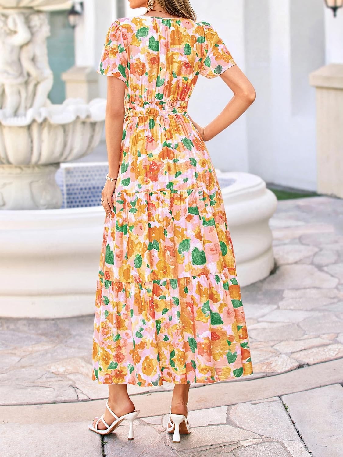 image:imageBTFBM Summer Maxi Dresses for Women 2026 Floral V Neck Short Sleeve DressFloral Orange Yellow