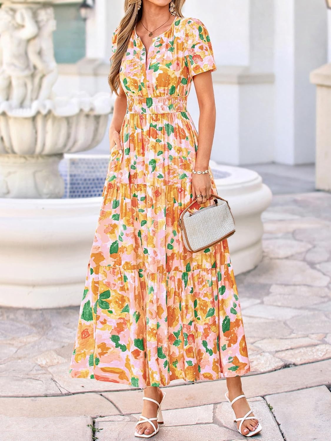 image:imageBTFBM Summer Maxi Dresses for Women 2026 Floral V Neck Short Sleeve DressFloral Orange Yellow