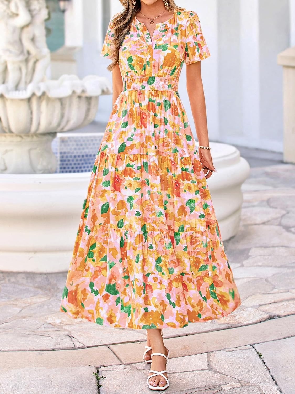image:imageBTFBM Summer Maxi Dresses for Women 2026 Floral V Neck Short Sleeve DressFloral Orange Yellow