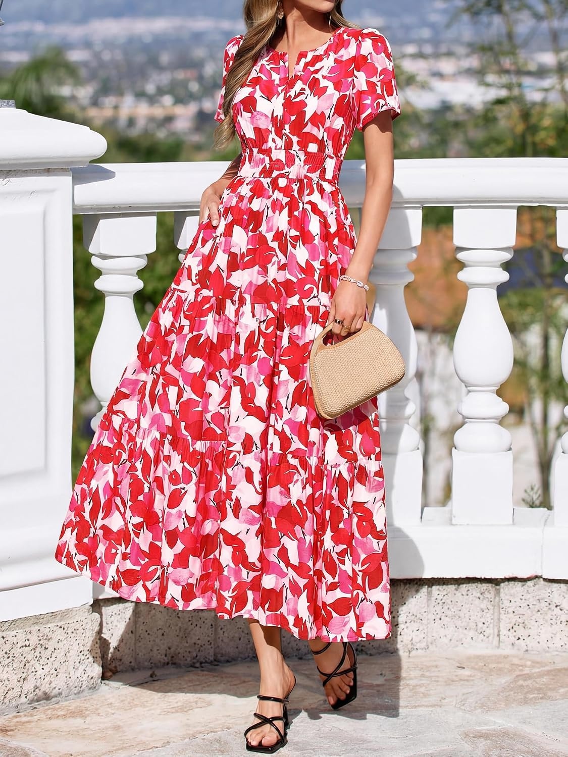 image:imageBTFBM Summer Maxi Dresses for Women 2026 Floral V Neck Short Sleeve DressFloral Red