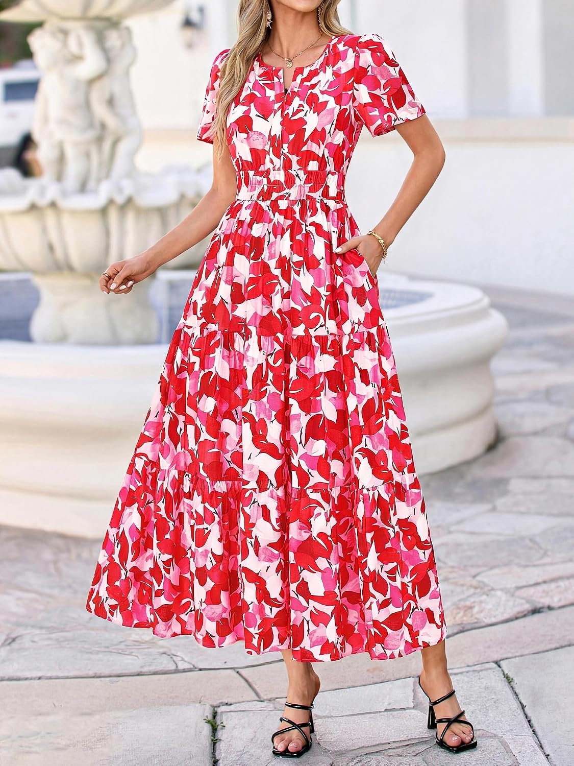 image:imageBTFBM Summer Maxi Dresses for Women 2026 Floral V Neck Short Sleeve DressFloral Red