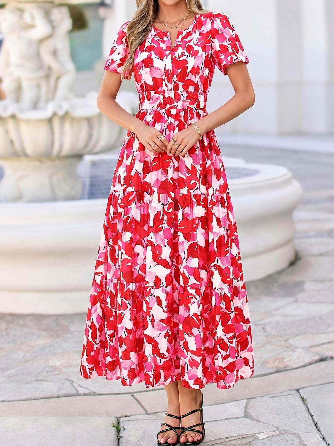 image:imageBTFBM Summer Maxi Dresses for Women 2026 Floral V Neck Short Sleeve DressFloral Red