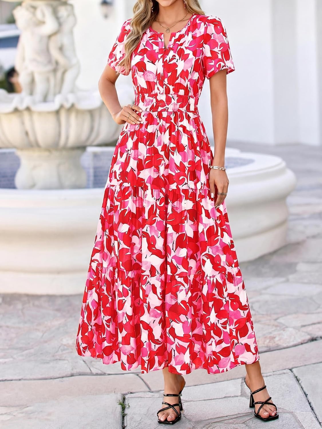 image:imageBTFBM Summer Maxi Dresses for Women 2026 Floral V Neck Short Sleeve DressFloral Red