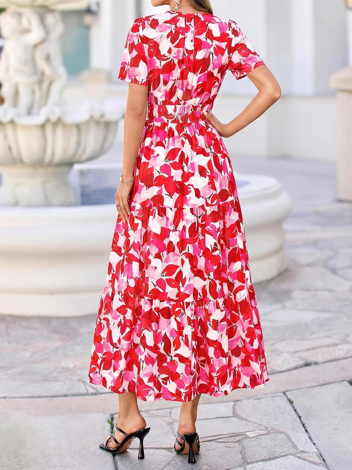 image:imageBTFBM Summer Maxi Dresses for Women 2026 Floral V Neck Short Sleeve DressFloral Red