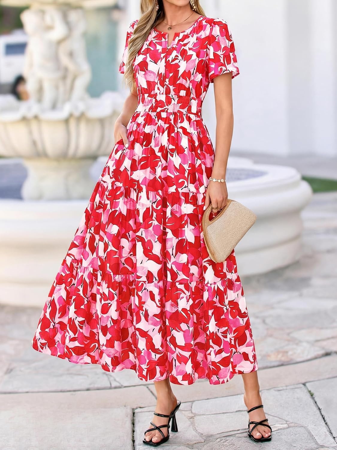 image:imageBTFBM Summer Maxi Dresses for Women 2026 Floral V Neck Short Sleeve DressFloral Red