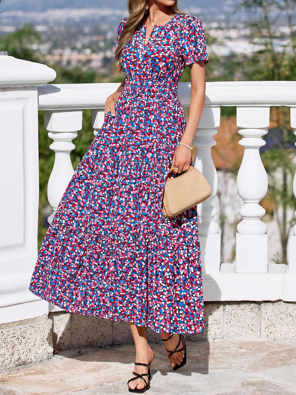 image:imageBTFBM Summer Maxi Dresses for Women 2026 Floral V Neck Short Sleeve DressFloral Red Blue