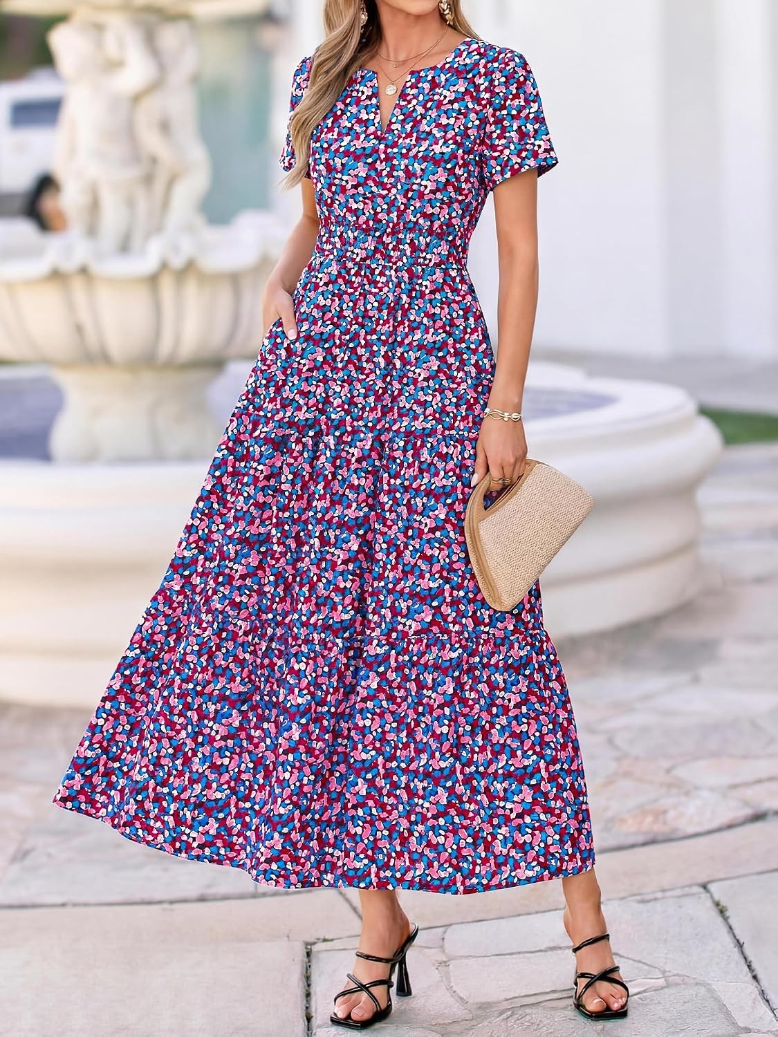 image:imageBTFBM Summer Maxi Dresses for Women 2026 Floral V Neck Short Sleeve DressFloral Red Blue