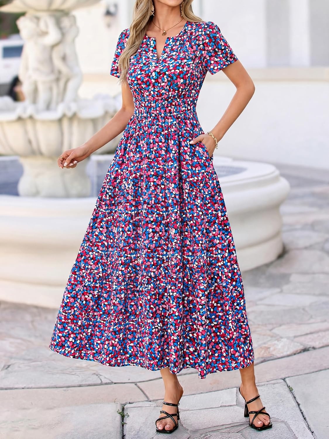image:imageBTFBM Summer Maxi Dresses for Women 2026 Floral V Neck Short Sleeve DressFloral Red Blue